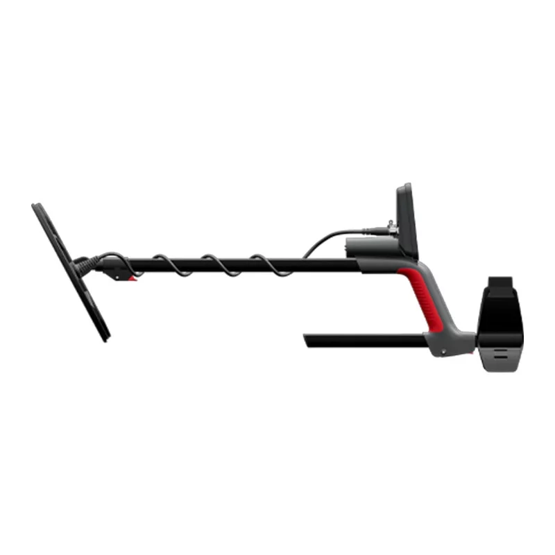 Minelab Vanquish 360 2 Vue de profil du détecteur Minelab Vanquish 360 montrant la canne télescopique, le repose-bras ergonomique et la tête de recherche.
