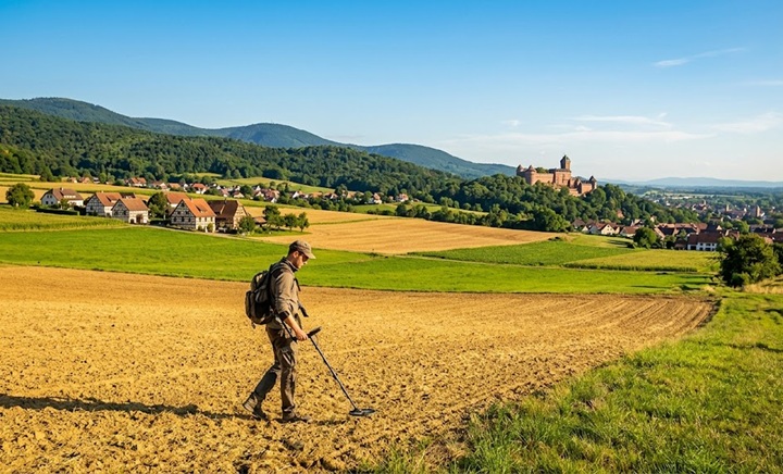 prospecteur détecteur de métaux dans champ de chaume, château médiéval du Haut-Kœnigsbourg et vignes en arrière-plan