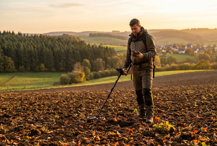 Détecteur et détection : acheter son détecteur moins cher ! 1 Prospecteur examinant un objet trouvé avec un détecteur de métaux en pleine nature