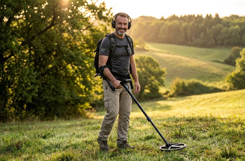 Un homme souriant équipé d'un détecteur de métaux, d'un casque audio et d'un sac à dos, debout dans un champ herbeux ensoleillé en pleine nature.