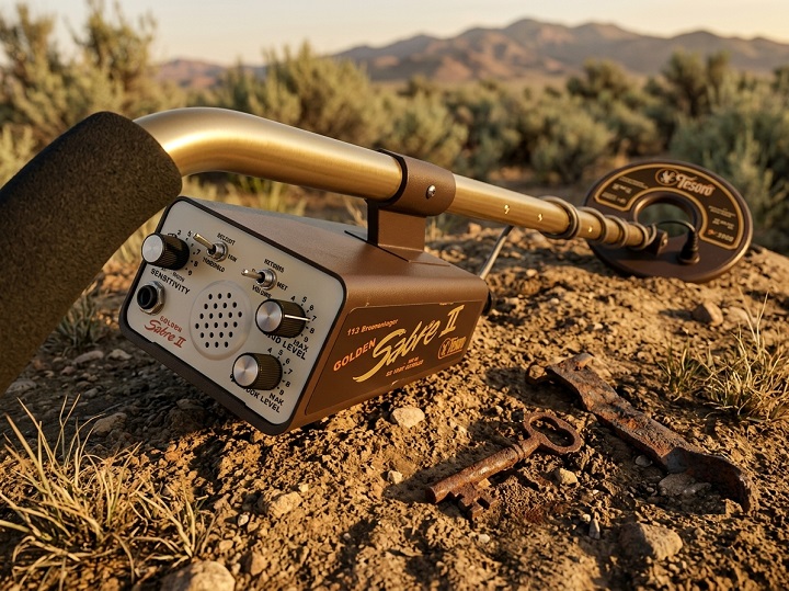 Détecteur de métaux Tesoro Golden Sabre II vintage avec réglages manuels posé sur un sol rocailleux.