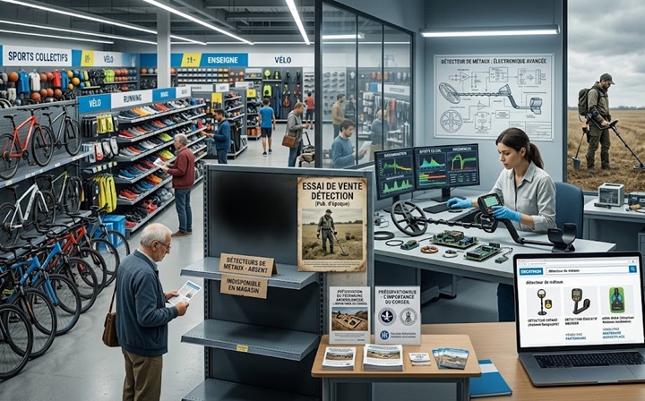Détecteur de métaux Decathlon : mythe ou réalité ? 1 Illustration d'un rayon de magasin Decathlon avec un comptoir technique d'analyse de détecteurs de métaux, des étagères vides indiquant « Détecteurs de métaux - Absents » et des vélos en arrière-plan.