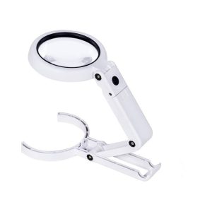 Loupe LED de table modulable et articulée blanche, double grossissement 5x et 11x avec éclairage LED réglable, idéale pour les travaux de précision comme l'horlogerie ou le modélisme.