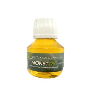 Flacon de nettoyeur Monetor 50ml, produit 100% végétal pour le nettoyage doux des monnaies et objets anciens.
